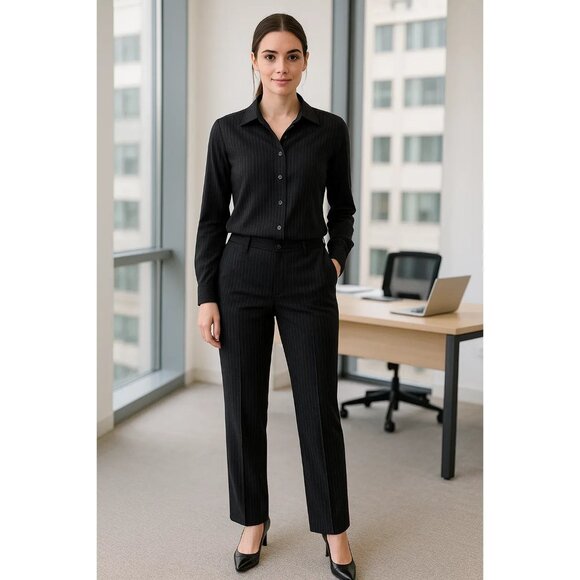 Faconnable Black Pinstripe Wool 2-Piece Set Button-Up Shirt Small Pants Size 6 - Picture 1 of 12